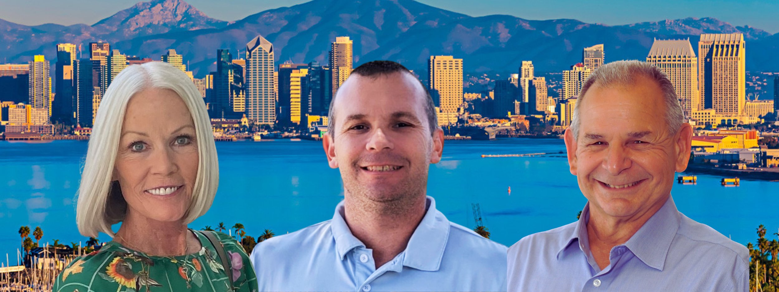 Carrie Jakaby, Nick Renaldi, and Steve Renaldi with the San Diego skyline behind them
